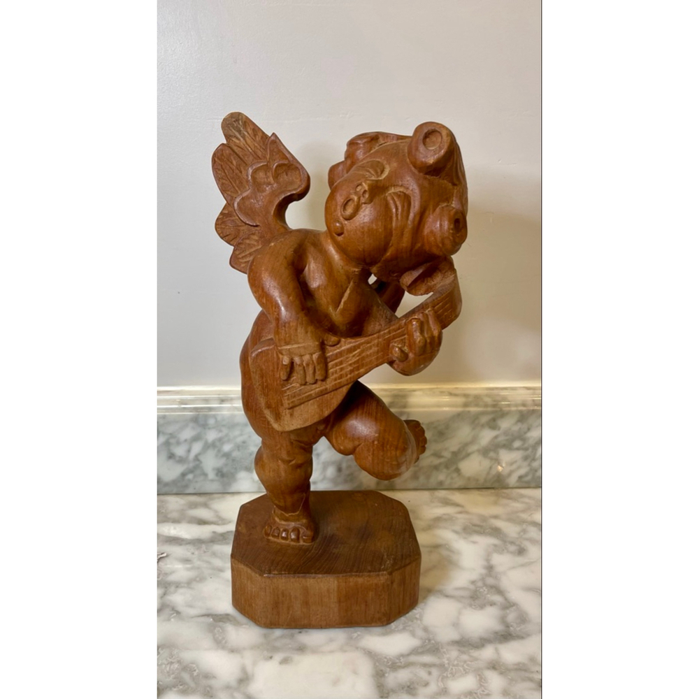 Vtg Hand Carved Wooden European Cherub Putto Statue Winged Musician 11” Folk Art